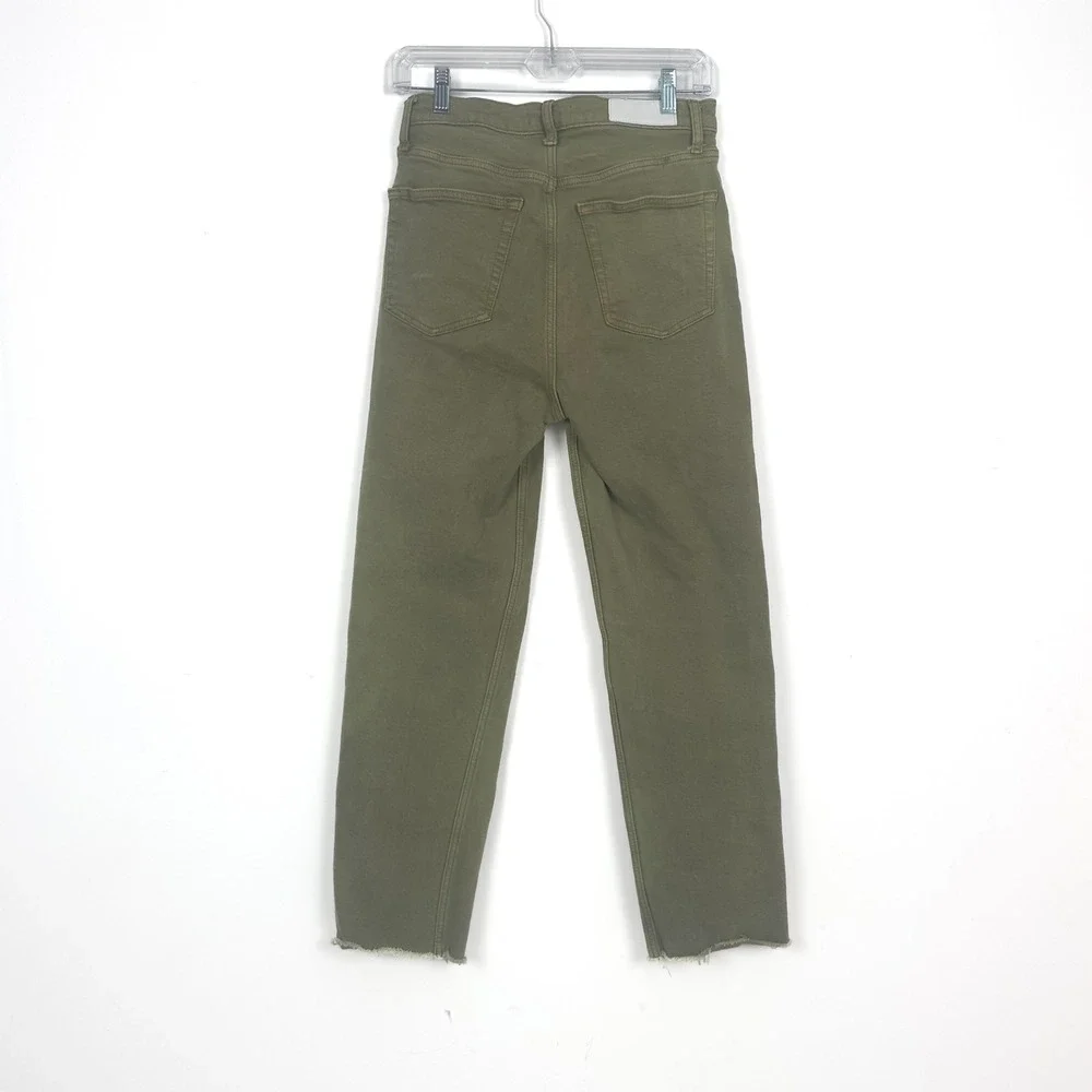 RE/DONE High Rise Ankle Crop Jeans Olive‎ Green Button Fly Raw Hem Denim Size 28